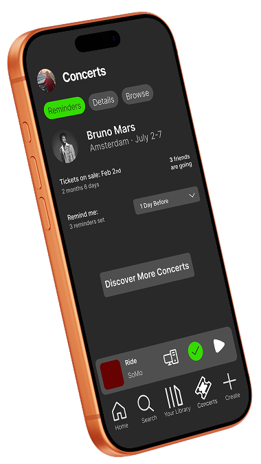 Concert Reminder System. iPhone mockup with event detail and Set Reminder CTA