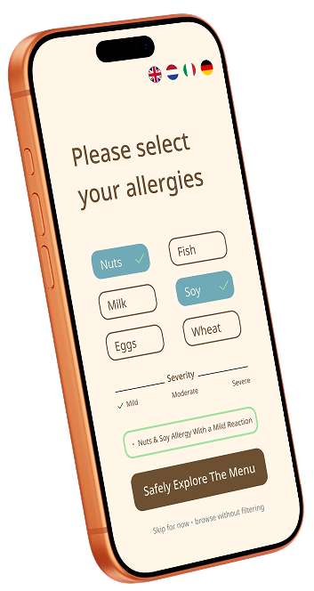 Allergy-safe Food Ordering. iPhone mockup with severity selector and CTA